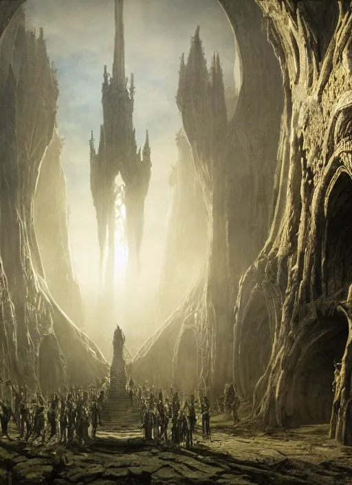 Image similar to group of medieval adventurers in the shire scenery landscape, lord of the rings, inside an enormous alien cathedral, portal to another dimension, highly detailed, cinematic lighting, perfect composition, 4 k, gustave dore, derek zabrocki, greg rutkowski, beksinski, octane render