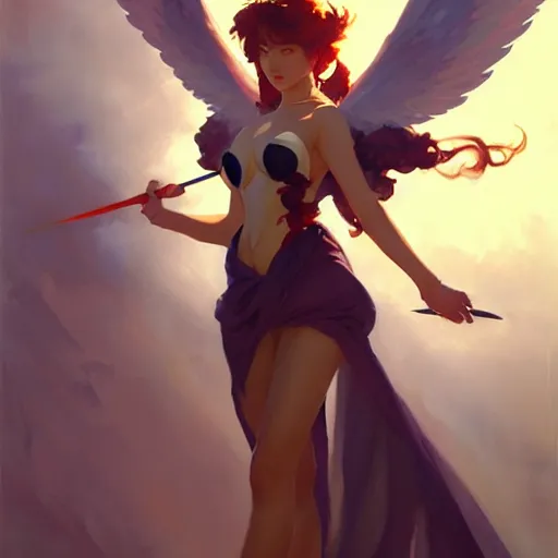 Image similar to greg manchess painting of anime woman, long wings, sorceress wand, soft lighting, trending on artstation, by huang guangjian and gil elvgren and sachin teng