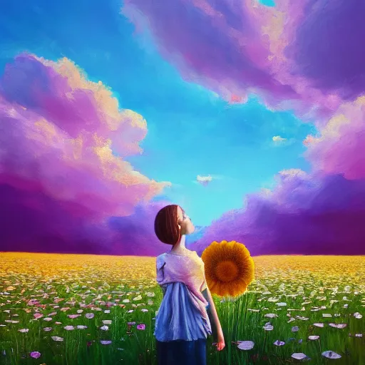 Image similar to giant daisy flower as head, girl sitting in a flower field, surreal photography, sunrise, dramatic light, impressionist painting, colorful clouds, digital painting, artstation, simon stalenhag