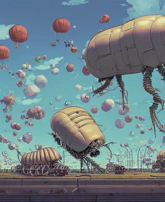 Image similar to inflated industrial plant made from obese isopod mollusk octopus, in the style of puffy spaceship, skeletons, bones, partly cloudy, spooky, dramatic lighting, by geof darrow, bill sienkiewicz, dan mumford, yusuke murata, makoto shinkai, ross tran, cinematic, unreal engine, cel shaded, featured on artstation, pixiv