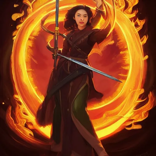 Image similar to Jessica Henwick clothed in pure golden light energy and holding a flaming sword, D&D, highly detailed, digital painting, artstation, concept art, sharp focus, illustration, art by artgerm and greg rutkowski and alphonse mucha