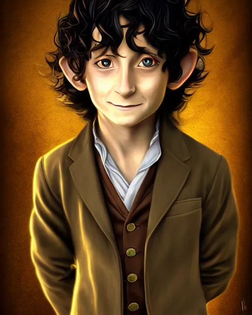 Image similar to portrait Anime joyful Hobbit Frodo Baggins; velvet brown jacket, backpack, Shire background || cute-fine-face, pretty face, realistic shaded Perfect face, fine details. Anime. realistic shaded lighting by Mark Arian