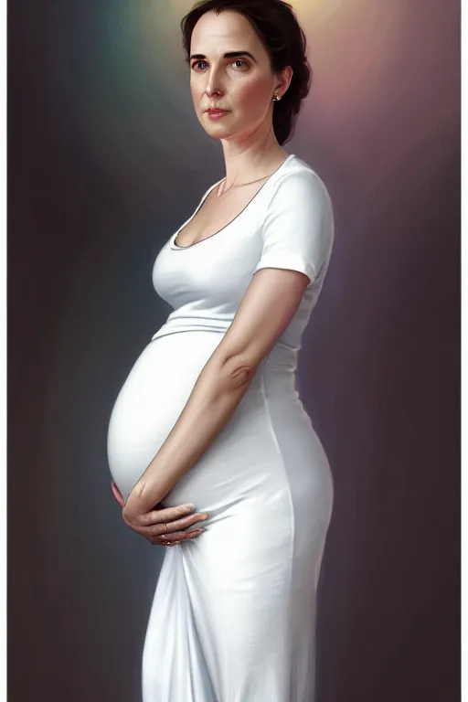 Image similar to very pregnant adam schiff in a thin white dress, realistic portrait, symmetrical, highly detailed, digital painting, artstation, concept art, smooth, sharp focus, illustration, cinematic lighting, art by artgerm and greg rutkowski and alphonse mucha