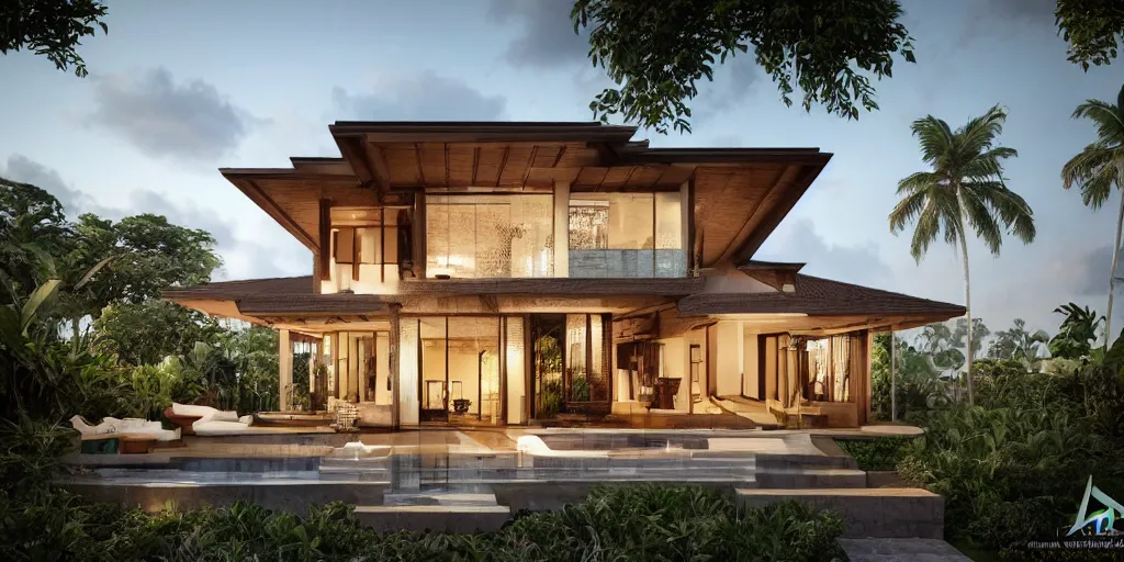 Image similar to 3d rendering of beautiful nature meets architecture concept of a residential house. balinese architecture, volumetric lighting, luxury, high detail, 14mm, cinematic photography, cg architects, high resolution