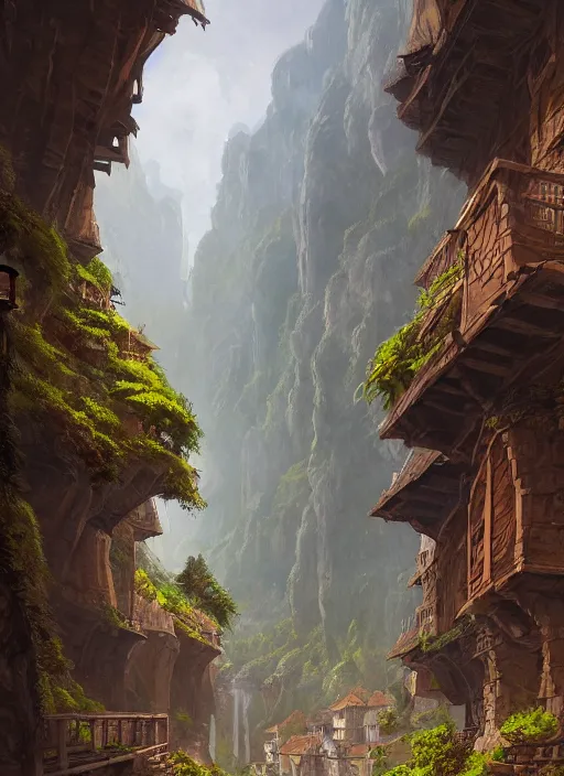 Image similar to medieval city built on terraces in a gigantic canyon, lots of buildings connected by suspension bridges, waterfalls, warm glow coming the ground, lush vegetation, pitchblack sky, extremly detailed digital painting, in the style andreas rocha and greg rutkowski and peter mohrbacher, rim light, beautiful lighting, 8 k, stunning scene, octane, trending on artstation