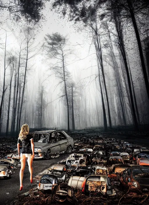 Image similar to beautiful blonde female cop walking through forest of crashed cars, wide shot, full perspective, curvy, mystery, fog, night time, starry skies.