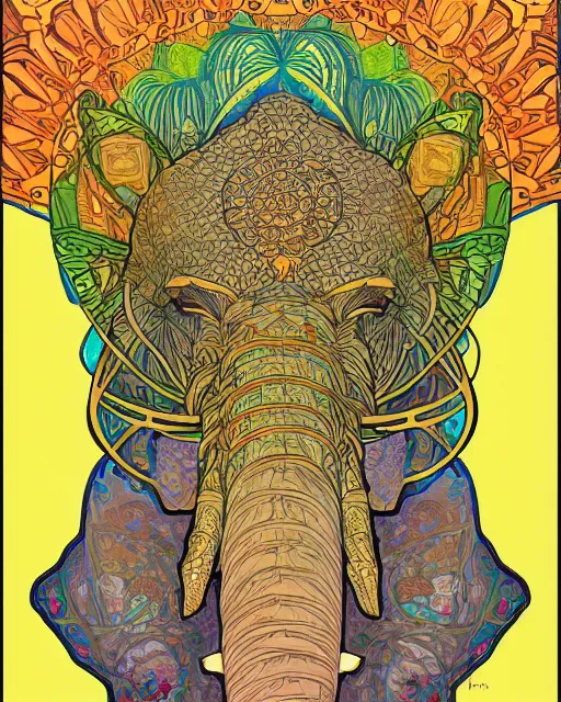 Prompt: Elephant head art surrounded by varities of pineapple, cell shading, voronoi, fibonacci sequence, sacred geometry by Alphonse Mucha, Moebius, hiroshi yoshida, Art Nouveau, colorful, ultradetailed, vivid colour, 3d