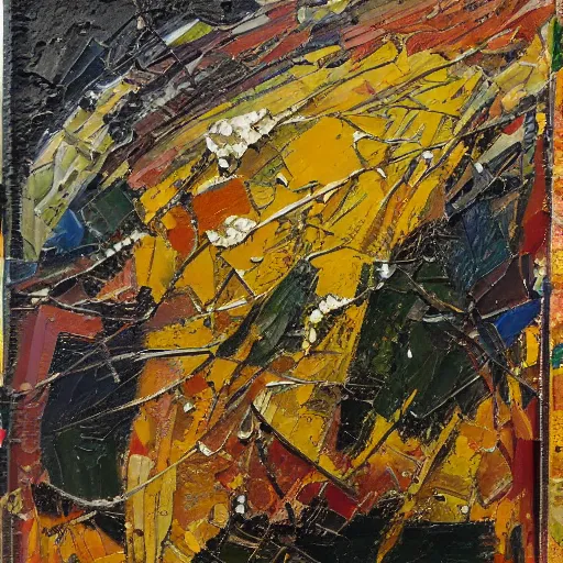 Image similar to oil paint impasto relief, abstract mosaic, multi layered thick brush marks, some splattered paint, in the style of ivan shishkin and frank auerbach and van gogh