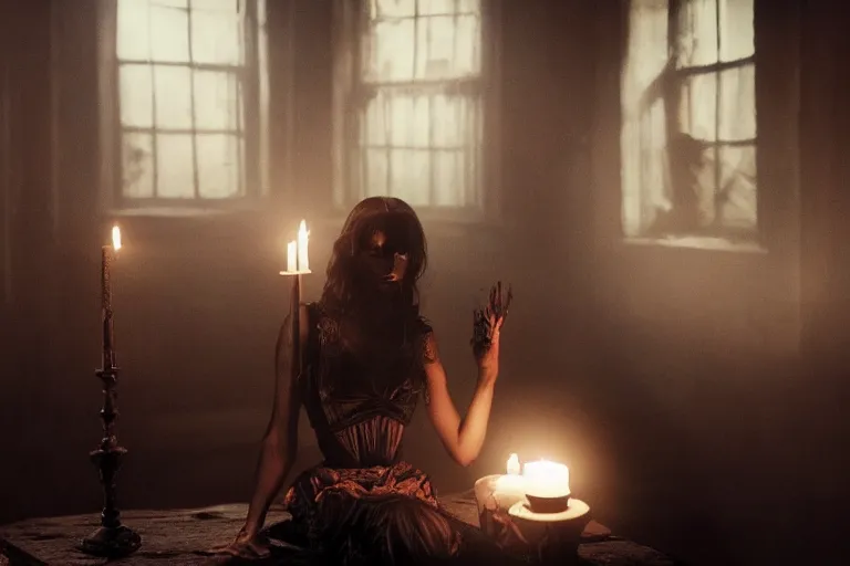 Image similar to VFX movie of ascending goth woman in the decadent attic, demonic magic ritual, candles, glowing eyes, natural lighting at night by Emmanuel Lubezki