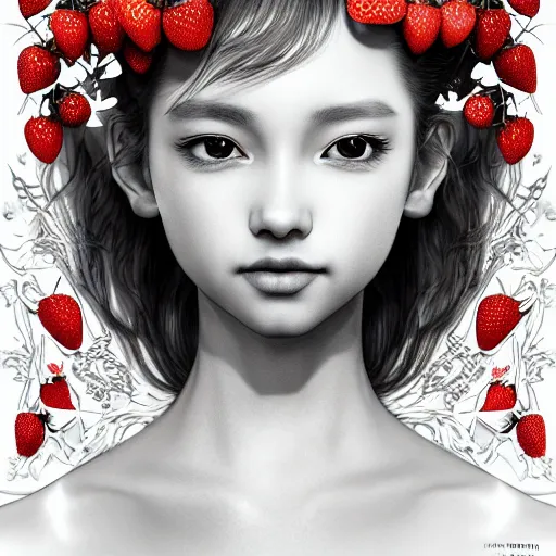 Image similar to the portrait of an absurdly beautiful, graceful, elegant, sophisticated, fashionable young gravure idol made of strawberries and white petals, an ultrafine hyperdetailed illustration by kim jung gi, irakli nadar, intricate linework, bright colors, octopath traveler, final fantasy, unreal engine 5 highly rendered, global illumination, radiant light, detailed and intricate environment