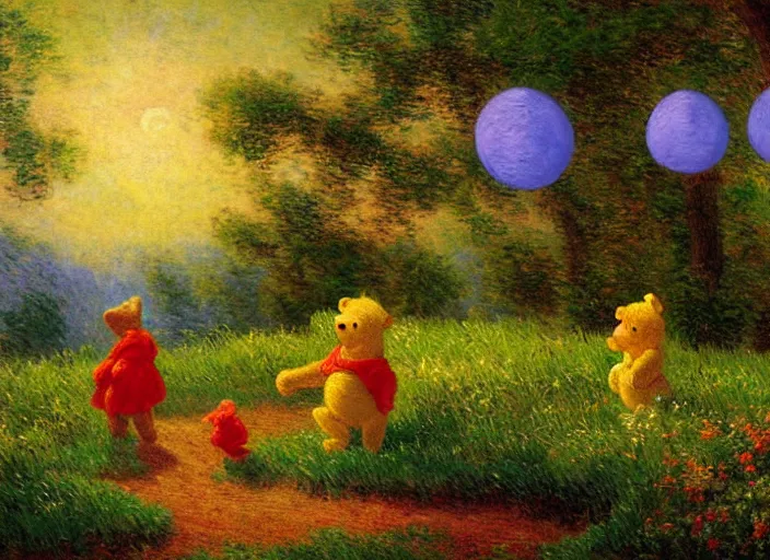 Prompt: romanticism impressionism landscape painting of winnie the pooh characters at night, night time, colorful paper lanterns, string lights, in the style of hudson river school and thomas cole and albert bierstadt and vincent van gogh and claude monet