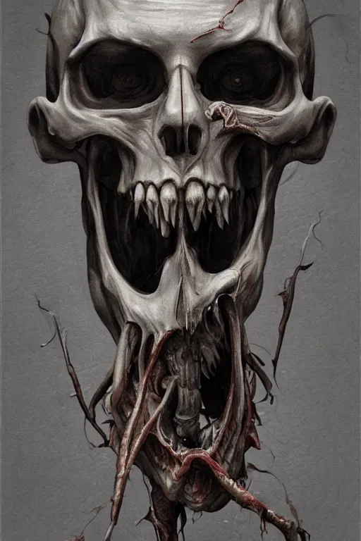 Image similar to Haunting horrifying detailed painting of a man with half a skeleton face and fleshy growths on his face, sharp teeth and dead eyes without iris, hyper detailed, trending on Artstation