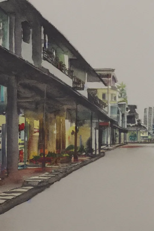 Image similar to a watercolor depicting a singapore katong, gloomy weather, high contrast, smooth, by joseph zbikowicz, 8 k