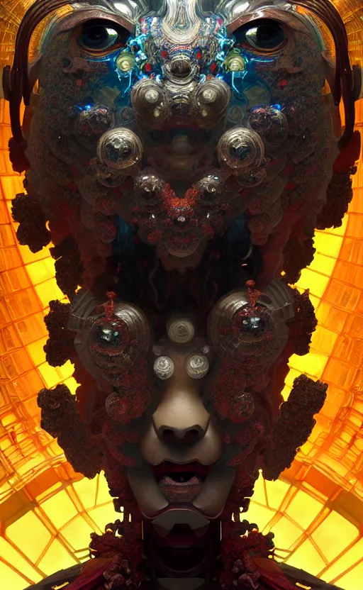 Image similar to asura from chinese myth, ghost, gorgeous and huge head ornaments, dystopian, cyberpunk, organic fractal mycelum and fungi, mecha, halfturn portrait of a big crystal face made of crystals half - turn, ominous, intricate, studio, art by anthony macbain + greg rutkowski + alphonse mucha, concept art, 4 k, sharp focus