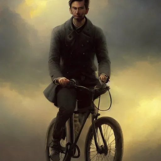 Prompt: cinematic shot epic portrait david tennant riding a bicycle in the streets, atmospheric, cloudy, broad light, ambient occlusion, volumetric light effect, made by ivan aivazovsky, peter mohrbacher, greg rutkowski, ross tran, matte painting, trending on artstation, 4 k, perfectly defined features, digital painting, cinematic, epic, highly detailed,