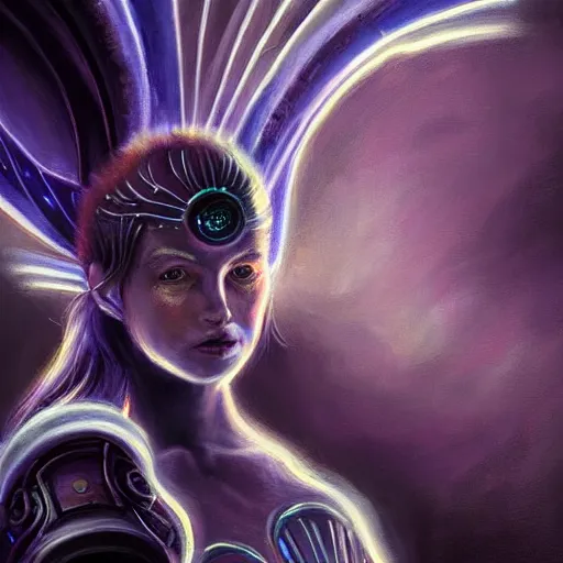 Prompt: Shoulder level close up portrait of a wisp style seraphim angel from a neo solar punk future future metaverse sculpted minimal technology tech cyborg tech, techno angelic warrior by Mandy Jurgens, cartoon, oil painting , visionary art, symmetric, Heavenly symbols, holy halo, astral patterns, Rembrandt lighting sci-fi