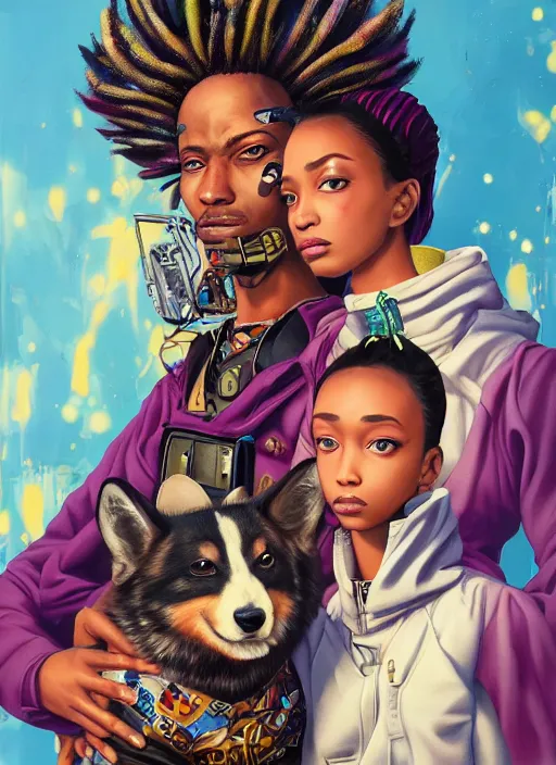 Prompt: beautiful portrait painting of a cool African lofi cyberpunk princess and her corgi assassin king, by Afarin Sajedi, Alessandro Barbucci, Alex Gross, Shin Jeongho, Shohei Otomo. trending on Artstation, 8k, masterpiece, face enhance, graffiti paint, fine detail, full of color, intricate detail, golden ratio illustration