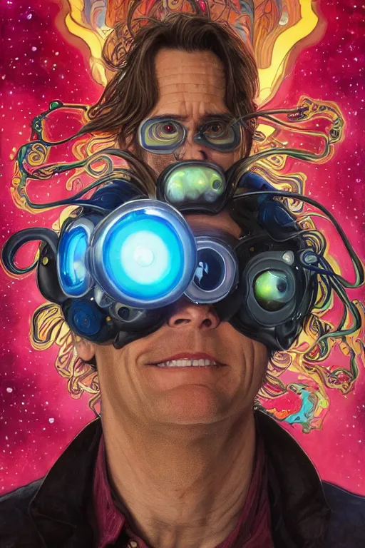 Image similar to jim carrey wearing a magic leap headset emerging from a stargate, by artgerm and yoshitaka amano and moebius and alphonse mucha, hyperdetailed, dc comics, ornate, nebula, explosions in the sky, trending on artstation