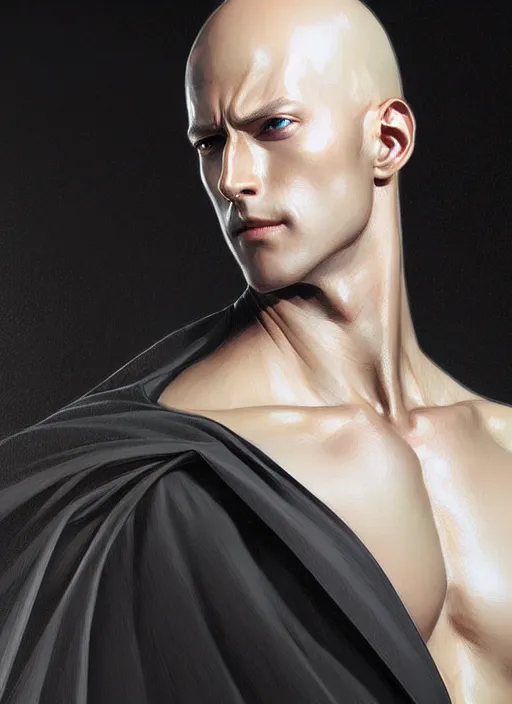 Image similar to ultra realistic illustration, handsome saitama. black cape, intricate, elegant, highly detailed, digital painting, artstation, concept art, smooth, sharp focus, illustration, art by artgerm and greg rutkowski and alphonse mucha and wlop