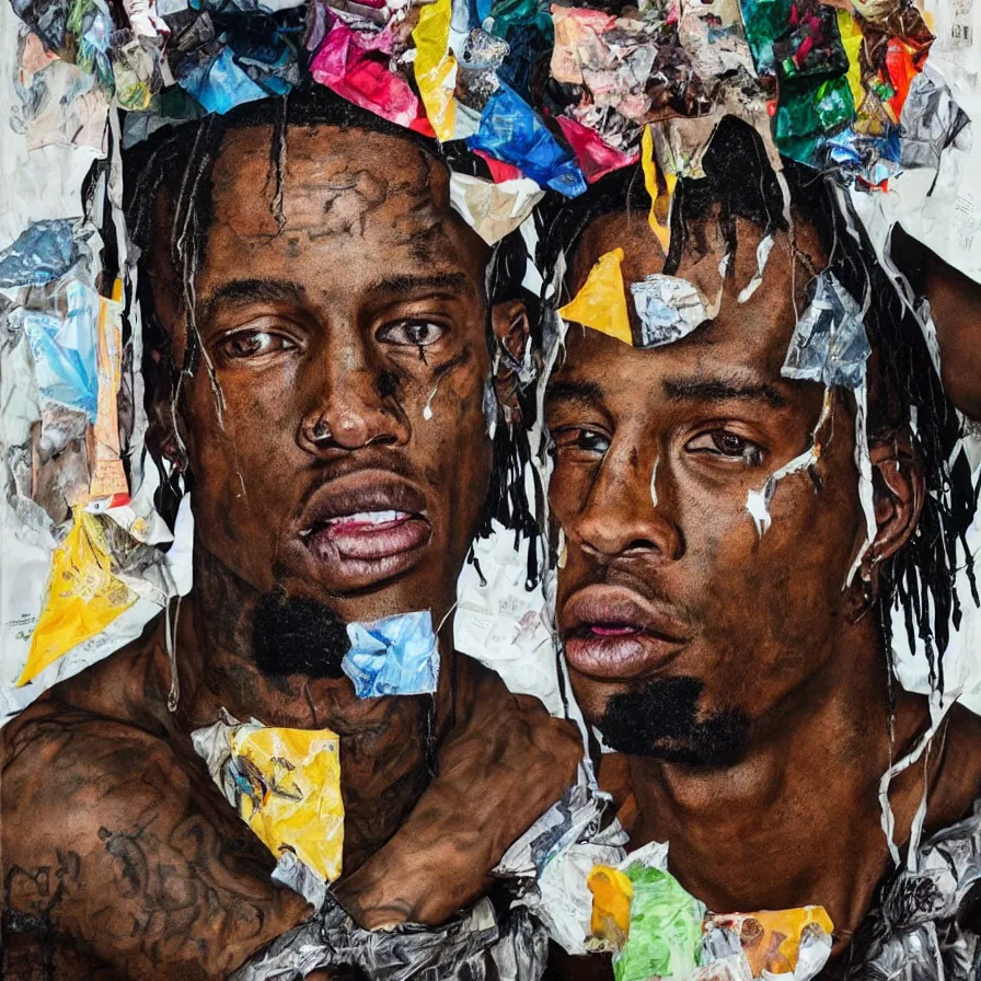 Image similar to rendered in blender travis scott with a trash bag on his head, collage paper and tape, acrylic on canvas, hyperrealism mixed with expressionism, high resolution, cinematic, unreal 6, breathtaking detailed, by blake neubert