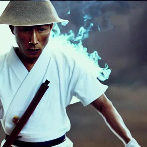 Image similar to cinematic film still Pharrell Williams starring as a Samurai holding fire, Japanese CGI, VFX, 2003, 40mm lens, shallow depth of field,film photography