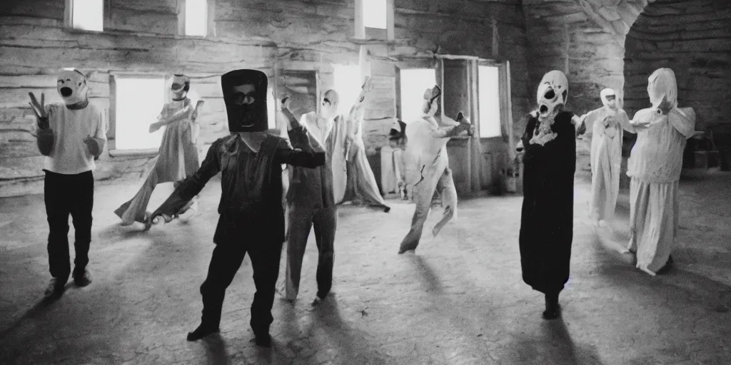 Image similar to creepy photo of people in italian doctor masks dancing around a small obsidian monolith in a barn, 70mm film, old film, found film, scary, ominous, disturbing