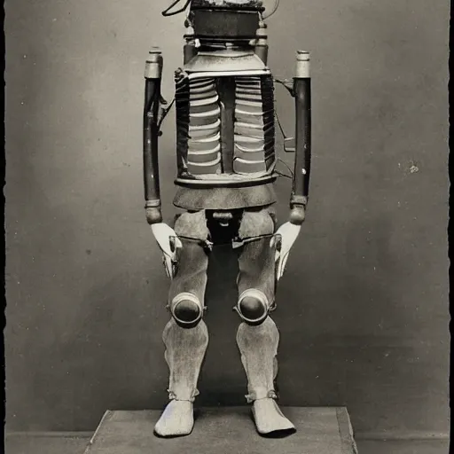 Image similar to a photograph from 1890 of mech suit made out of a cast iron potbelly stove