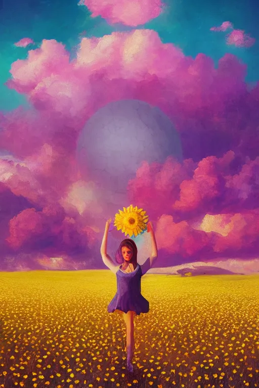 Image similar to giant daisy flower as head, girl dancing in a flower field, surreal photography, sunrise, dramatic light, impressionist painting, colorful clouds, digital painting, artstation, simon stalenhag