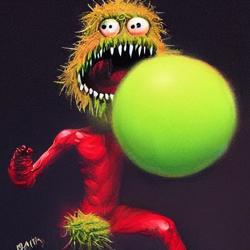 Image similar to a tennis ball monster, digital art, fantasy, magic, trending on artstation, ultra detailed, professional illustration by Basil Gogos