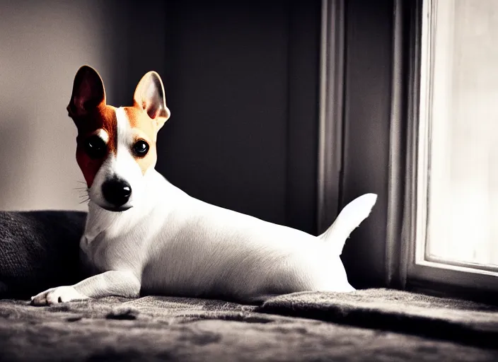 Image similar to photography of a Jack Russel . watching outside the window. on a bed. in a vintage room full of vinyls and posters.,volumetric light, photorealistic,, award winning photo, 100mm, sharp, high res