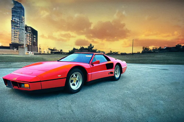 Prompt: stylized poser of a single 1985 Ferrari GTO, neon lights, ektachrome photograph, volumetric lighting, f8 aperture, cinematic Eastman 5384 film