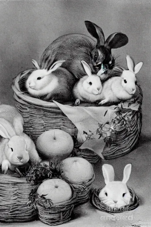 Prompt: fat rabbits with oranges vintage photograph