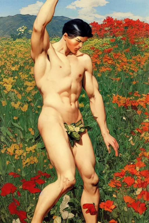 Image similar to attractive man in flower field, muscular, painting by j. c. leyendecker, yoji shinkawa, katayama bokuyo