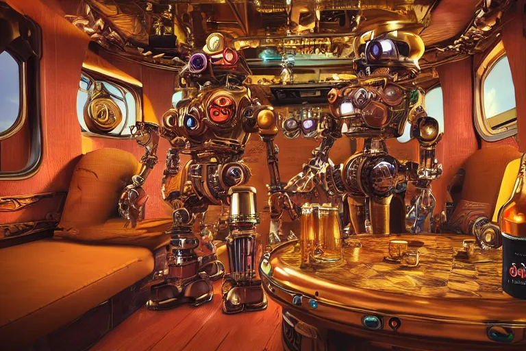 Prompt: 3 steampunk robot having a party inside a luxury nightliner tourbus, a table with many bottles of beer and wiskey, exaggerated detailed, unreal engine, subtle multicolored light, 3 5 mm lens