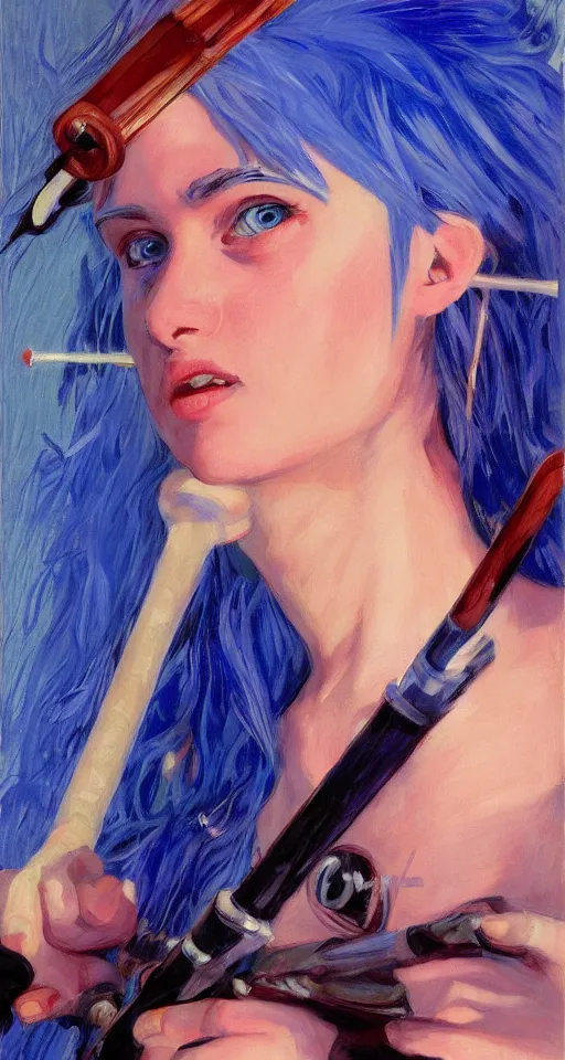 Image similar to portrait of a teenage rocker girl from the 9 0 s, blue hair, blue eyes, wielding a staff, in the style of joaquin sorolla, bill sienkiwicz, syd mead, atmospheric, detailed