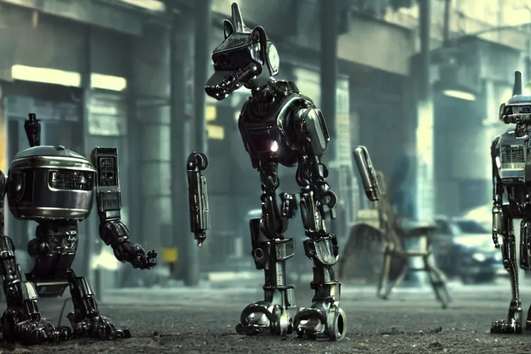 Image similar to film still from the movie chappie of the robot chappie shiny metal outdoor scene bokeh depth of field furry anthro anthropomorphic stylized wolf dog canine ears head android service droid robot machine fursona