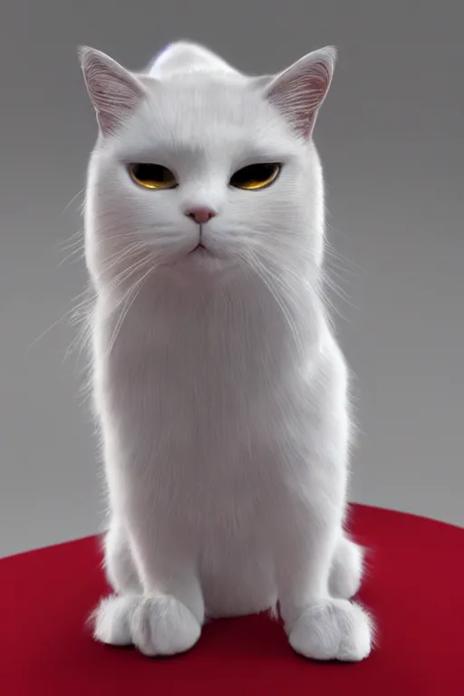 Image similar to a white cat with blue eyes wearing a red formal overcoat, hyperrealistic, concept art, octane render, unreal engine 5, realistic and defined face, profile picture, digital art, pixar and disney style, symmetrical, high quality, highly detailed, high coherence, path traced, house background, low contrast, beautiful, elegant clothes