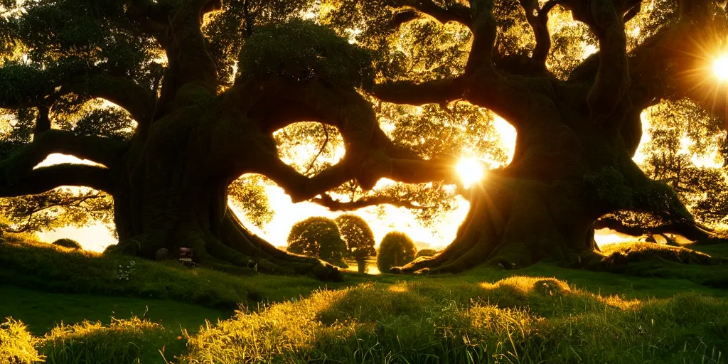 Prompt: magical hobbits shire. big old tree above. golden hours