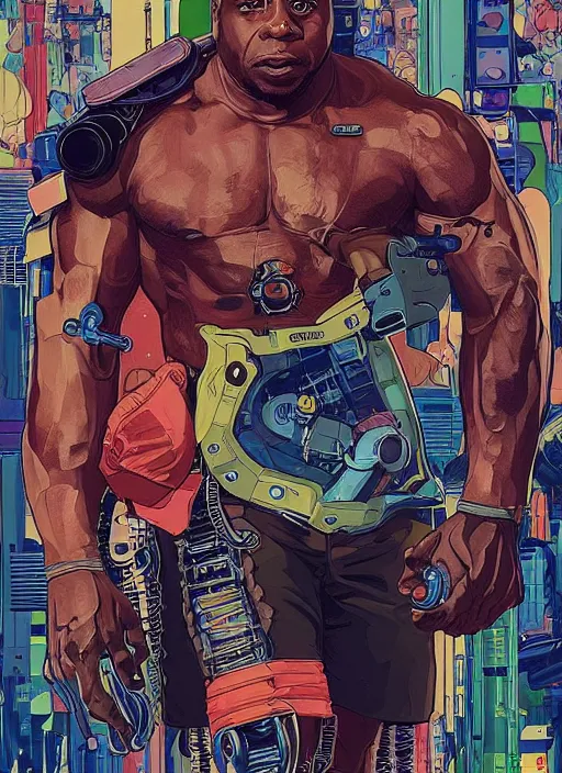 Image similar to chidi igwe. buff cyberpunk weight lifter. robotic arm. portrait illustration, pop art, splash painting, art by geof darrow, ashley wood, alphonse mucha, makoto shinkai ( apex legends )