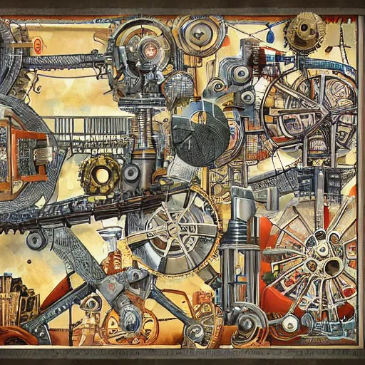 Image similar to a chaotic scene of a crazy machine with lots of details and contraptions. there is a small pair of scissors hidden in the details. the illustration is very detailed and intricate, with a lot of small elements that come together to create a cohesive whole. it uses a limited palette of colors, which helps to create a cohesive and unified look.