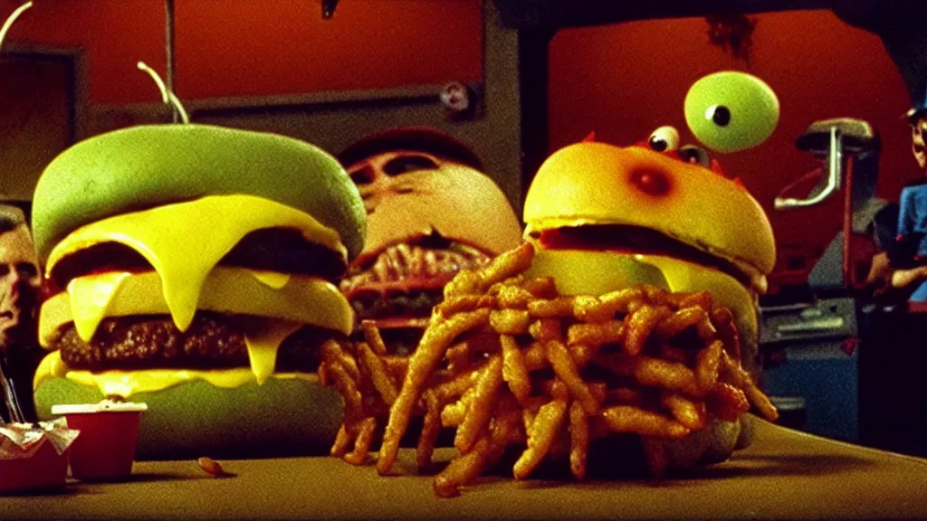 Prompt: the strange cheeseburger creature loves everybody at the fast food place, film still from the movie directed by denis villeneuve and david cronenberg with art direction by salvador dali and zdzisław beksinski, wide lens