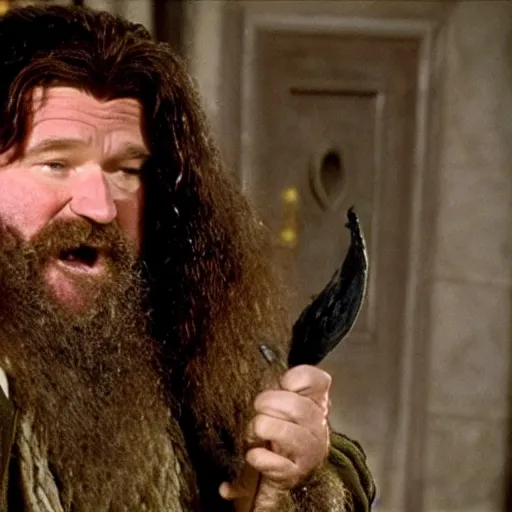 Image similar to Robin Williams playing Hagrid in Harry Potter, screenshot