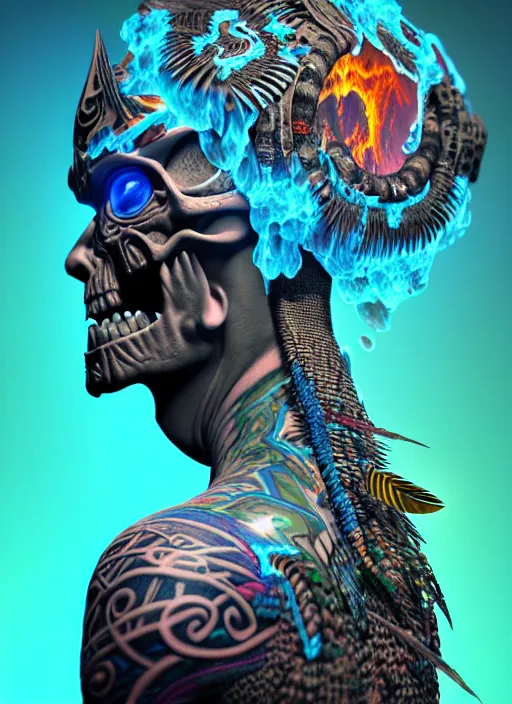 Image similar to 3 d shaman with tattoos profile portrait, sigma 5 0 0 mm f / 5. beautiful intricate highly detailed quetzalcoatl skull and feathers. bioluminescent, plasma, lava, ice, water, wind, creature, thunderstorm! artwork by tooth wu and wlop and beeple and greg rutkowski, 8 k trending on artstation,