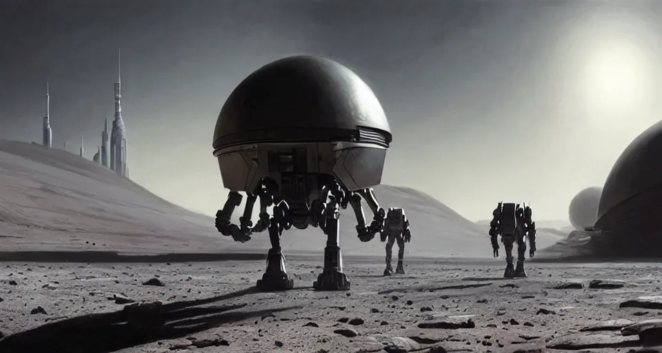 Image similar to hyper realistic sci - fi matte concept art painting of battlemech walking on the surface of the moon with a domed city in the background, beautiful details, strong composition painted by kim jung guweta studio rutkowski, james gurney and greg rutkowski, and lucasfilm, smooth, intricate, detailed, sharp focus, cinematic