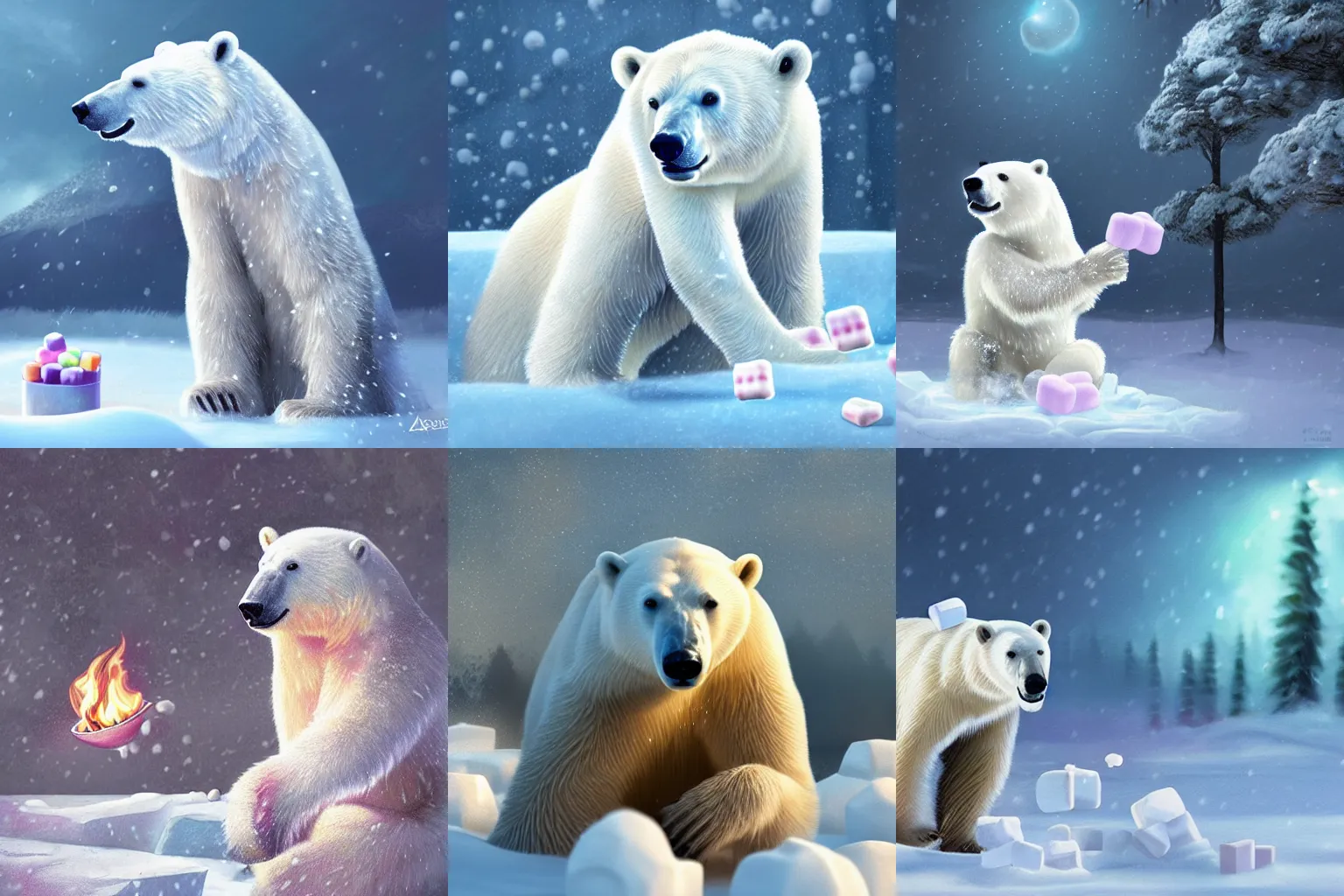 Prompt: A polar bear eating marshmallows in a blizzard. Award-winning digital art, 4k, trending on ArtStation.