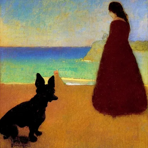 Image similar to a woman and her black and brown chihuahua looking out to sea by odilon redon