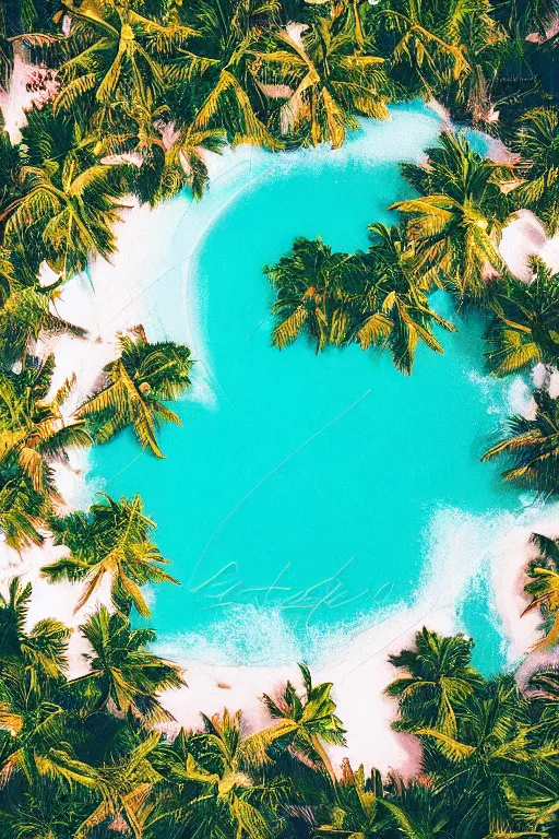 Prompt: close up aerial view of a beautiful tropical island, sparkling water, vaporwave, 9 0 s aesthetic, pop colors, bright, tropical aesthetic, beautiful lighting, faded effect, faded photograph, vintage aesthetic, grain, disposable camera,