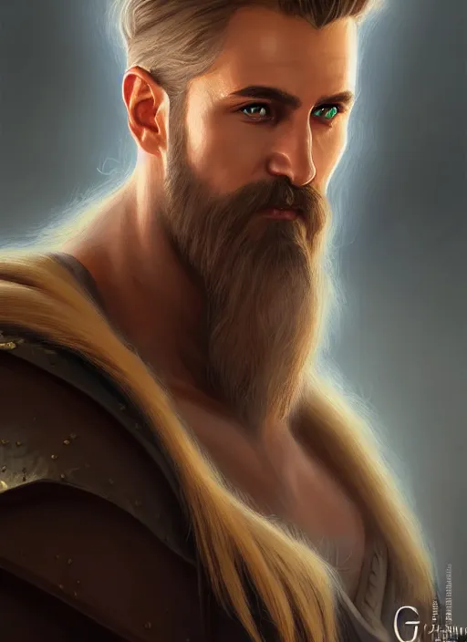 Image similar to a _ fantasy _ style _ portrait _ painting _ of wizard male, medium dark blonde pulled back side part and blonde stubble, brown eyes, rpg dnd oil _ painting _ unreal _ 5 _ daz. _ rpg _ portrait _ extremely _ detailed _ artgerm _ greg _ rutkowski _ greg