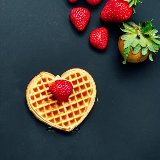 Image similar to photo of a waffle shaped like a heart with strawberries, studio lighting