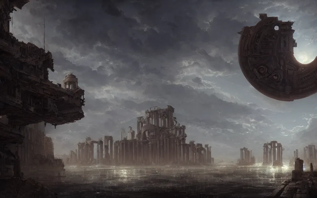 Prompt: longshot photograph of advanced civilization city ruins floating in a disc in the sky by hubert robert, lee madwick and bastien lecouffe - deharme, 8 k artstation, cinematic dramatic lighting